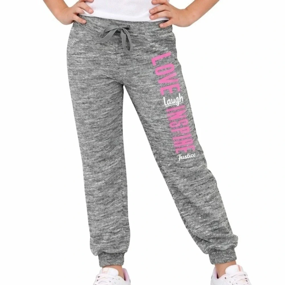 Justice Jogger Sweatpants Girls Size 10 Gray Love Laugh Inspire Graphic Athletic